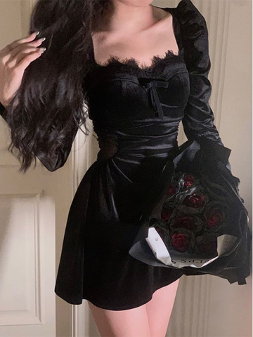 Black French Vintage Velvet Dress Women Elegant Evening Party Mini Dress HZ1023